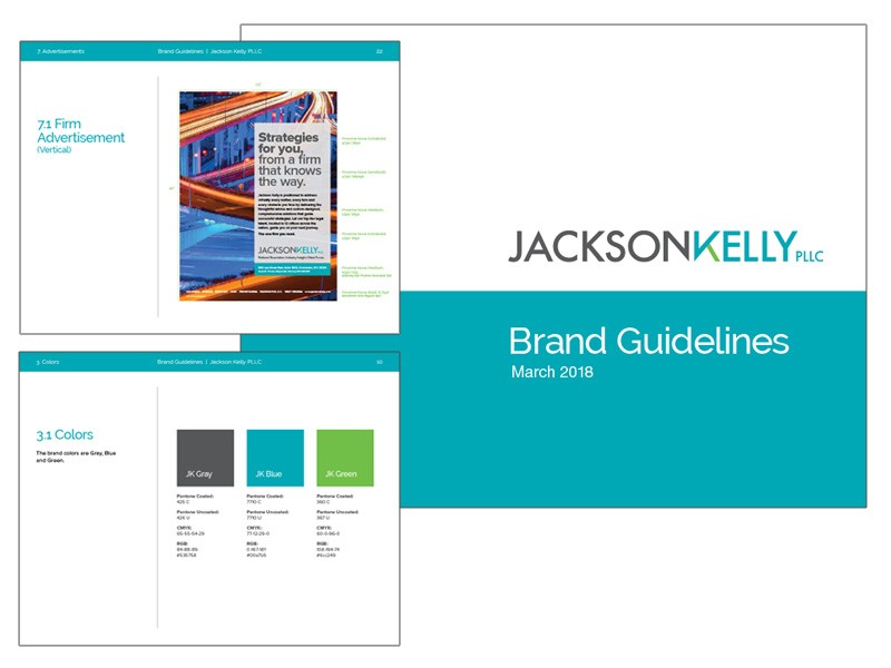 Jackson Kelly Law Firm Logo and Rebranding Brand Standards Guide Developed by Herrmann Advertising